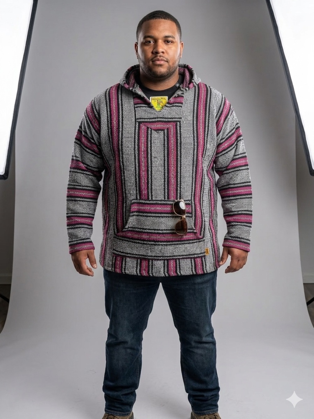 Striped Baja Hoodie in Gray and Magenta